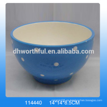 Cuenco de cerámica azul de moda, cuenco decorativo de cerámica con pintura de punto blanco